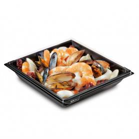 Assiette carrée noire Takipak + couvercle - Assiette avec couvercle pour transport - Assiette Jetable Traiteur