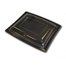 Ravier noir + couvercle transparent - Assiette jetable noir avec couvercle transparent - Assiette jetable noir rectangulaire ave