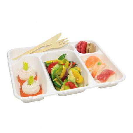 Plateau repas bagasse 5 compartiments + couvercle